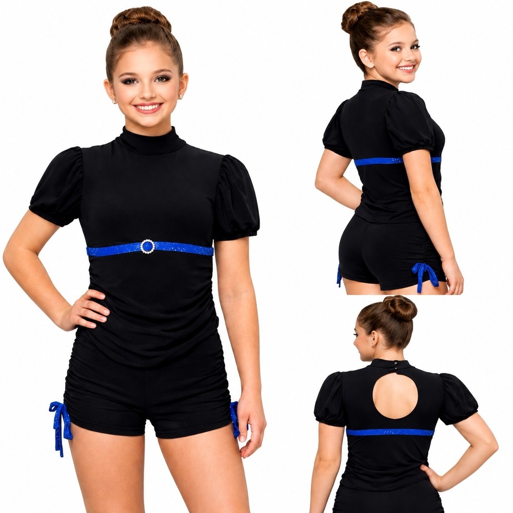 Weissman Girls Large Dance Costume Black Blue Biketard Jazz Acro Mock Neck